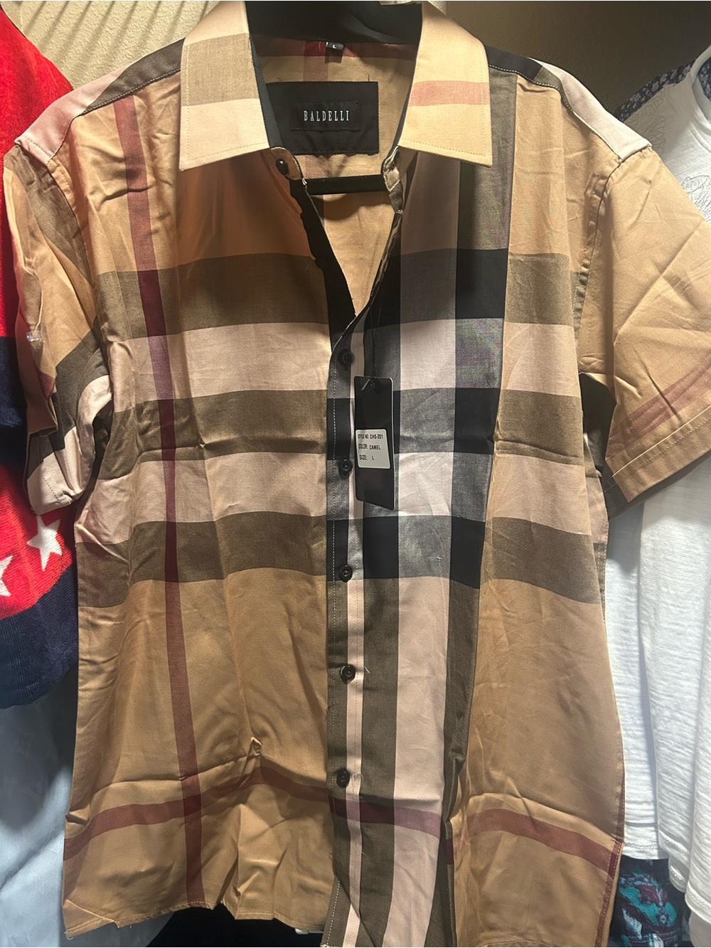 Baldelli Men’s Tan Plaid Short-Sleeve Button-Up Shirt